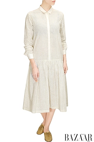 Off white cutwork flared dress by Anand Bhushan