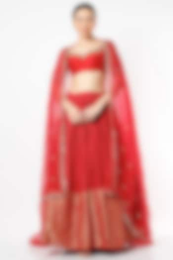 Red Moonga Silk & Raw Silk Wedding Lehenga Set by Anjana Bohra at Pernia's Pop Up Shop