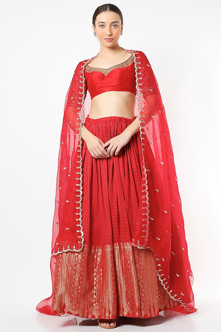 Red Moonga Silk & Raw Silk Wedding Lehenga Set by Anjana Bohra at Pernia's Pop Up Shop