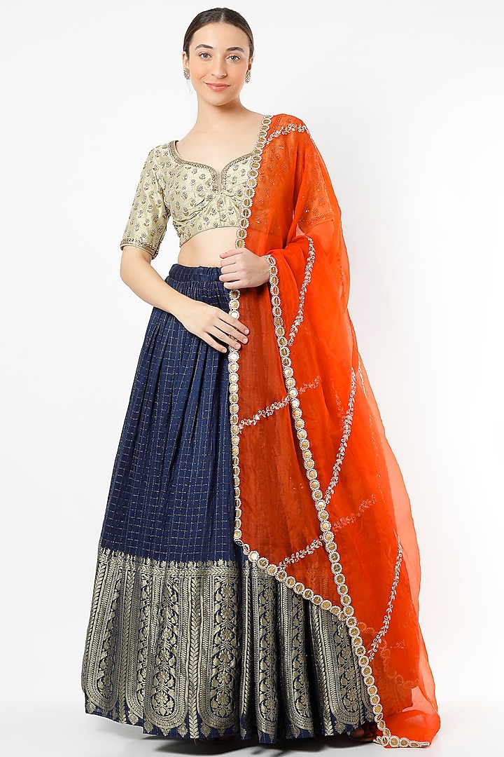 Midnight Blue Wedding Lehenga Set With Gold Zari Work by Anjana Bohra at Pernia's Pop Up Shop