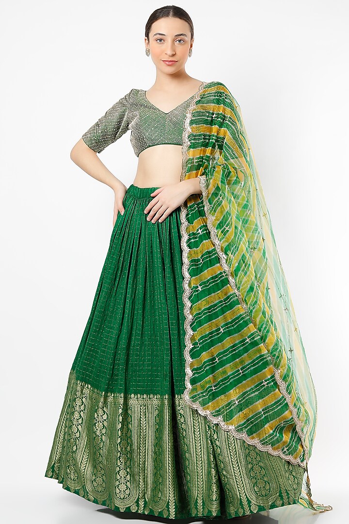 Green Wedding Lehenga Set With Zari Work by Anjana Bohra at Pernia's Pop Up Shop