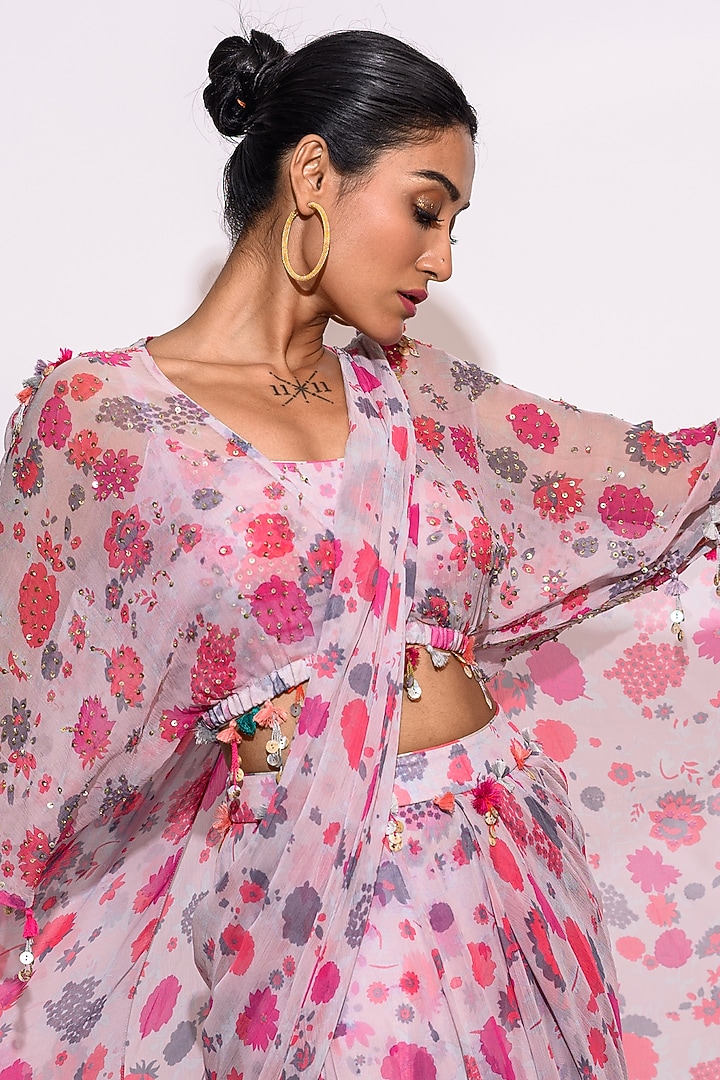 Grey Chiffon Pre-Draped Wedding Saree Set by Aangan by Parul at Pernia's Pop Up Shop