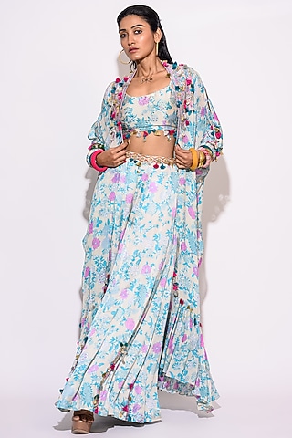 Light Blue Silk & Chiffon Kaftan Set by Aangan by Parul