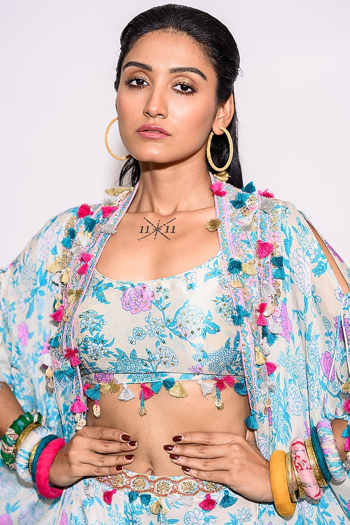 Light Blue Silk & Chiffon Kaftan Set by Aangan by Parul at Pernia's Pop Up Shop