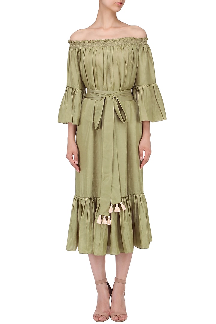 Olive off shoulder dress available only at Pernia's Pop Up Shop.