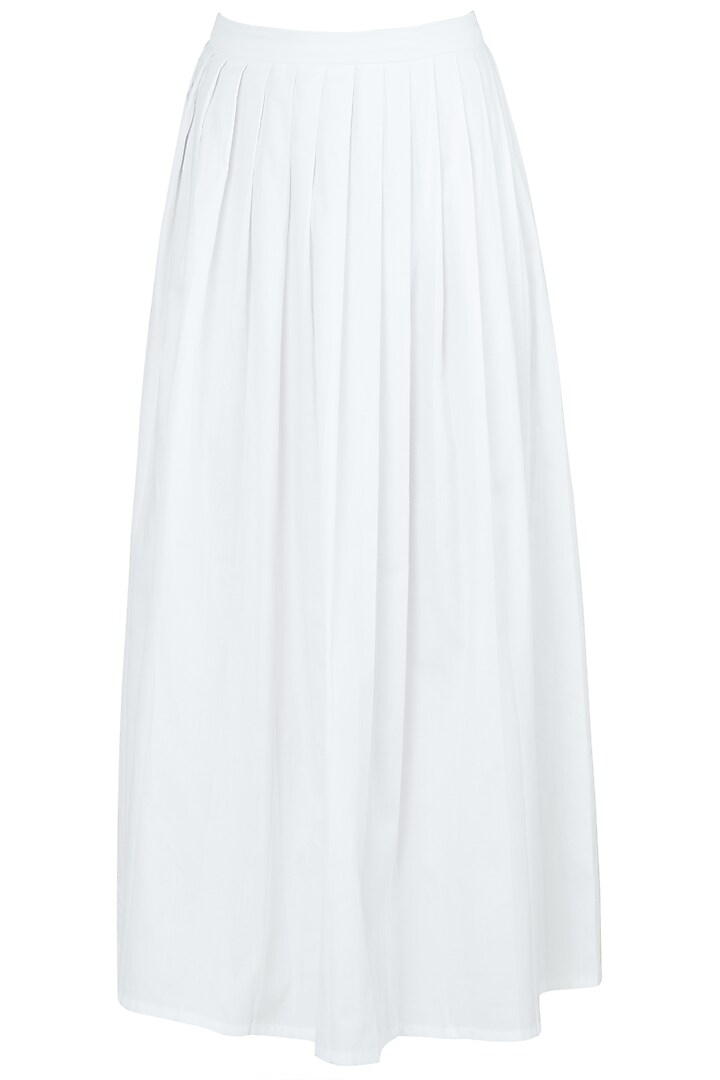 White A-Line Pleated Midi Skirt by Ankita