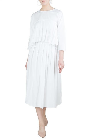 White A-Line Pleated Midi Skirt by Ankita