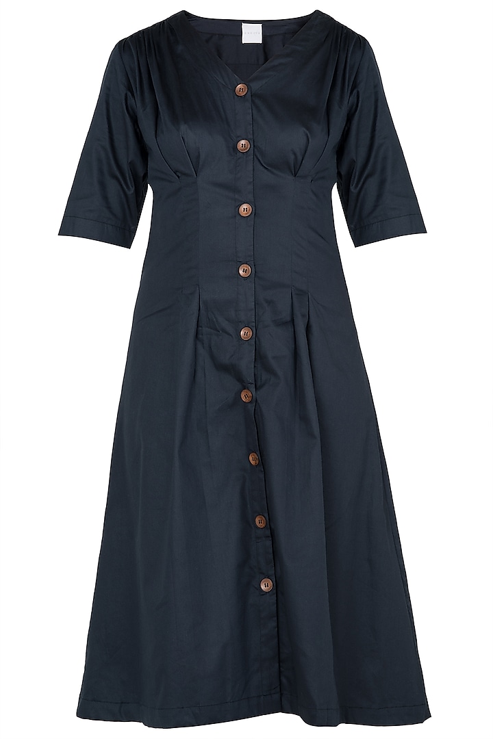 Navy Blue Button Down Pleated Midi Dress by Ankita