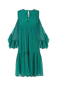 Teal cold shoulder pleated dress earrings available only at Pernia's ...