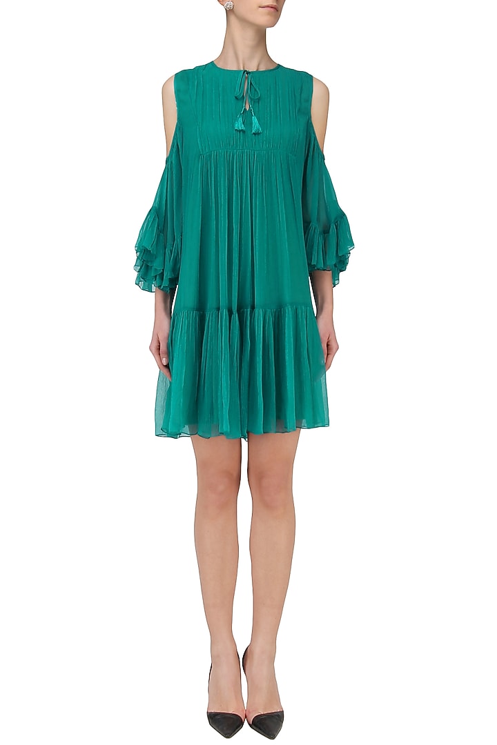 Teal cold shoulder pleated dress earrings available only at Pernia's Pop Up Shop.