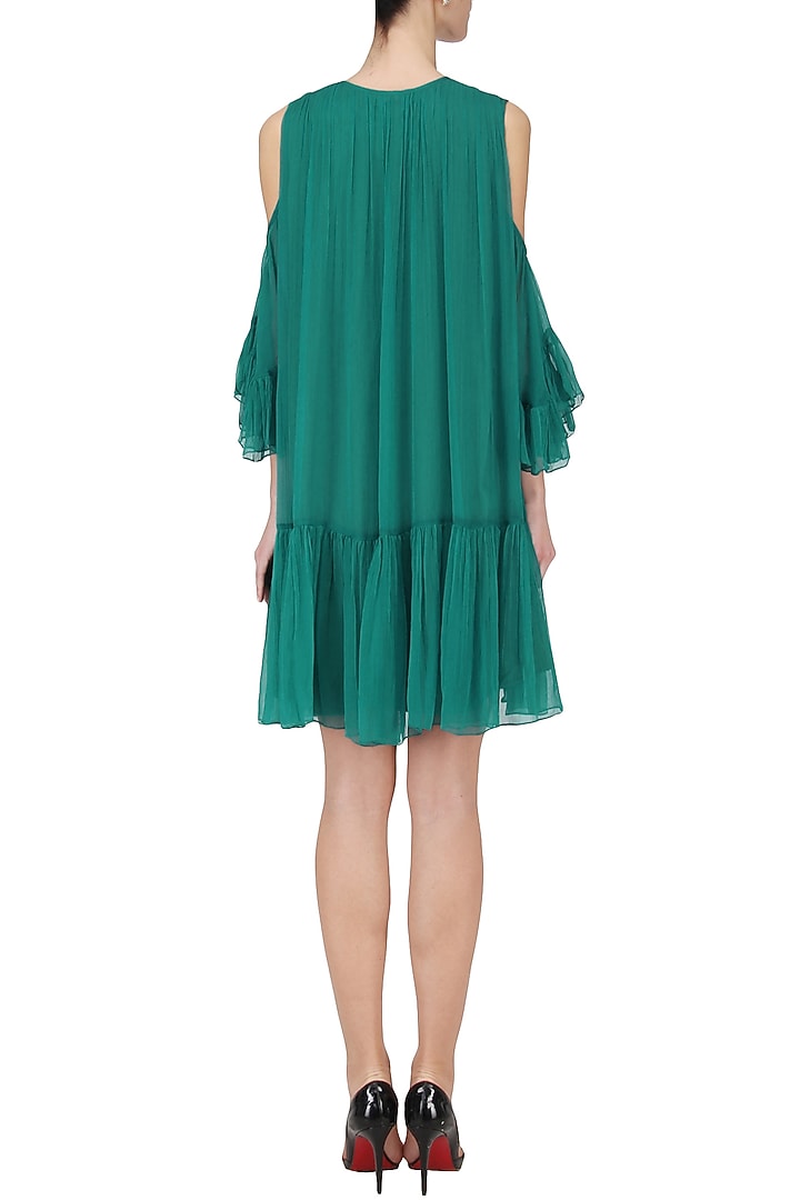 Teal cold shoulder pleated dress earrings available only at Pernia's Pop Up Shop.