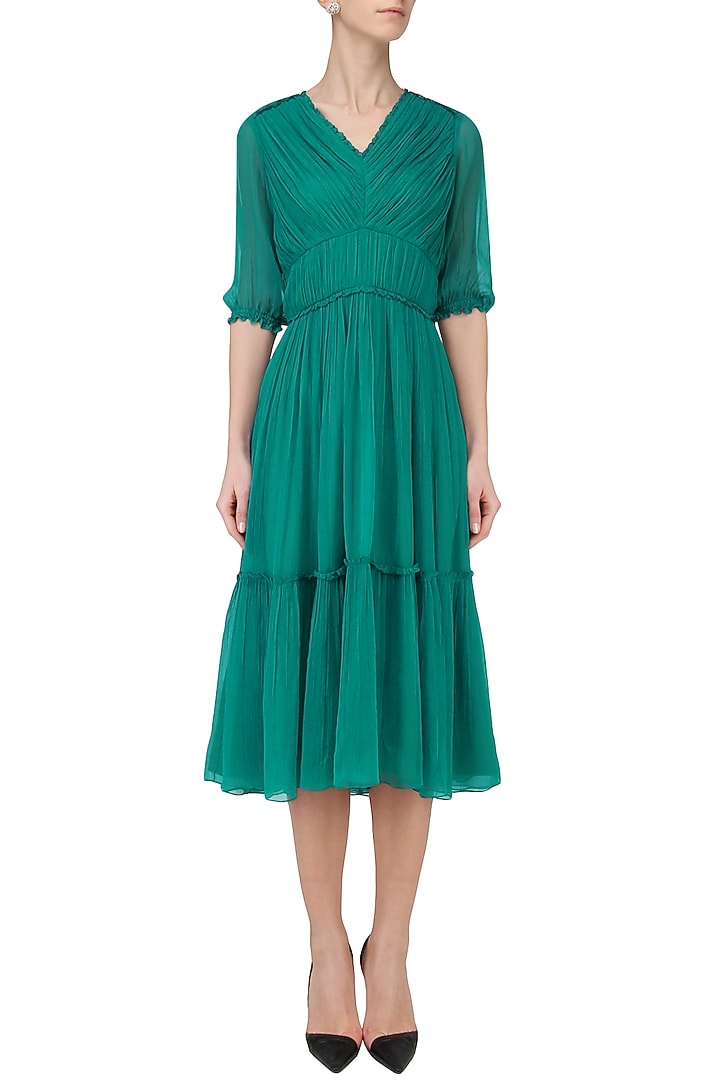 Teal pleated tier dress earrings available only at Pernia's Pop Up Shop.