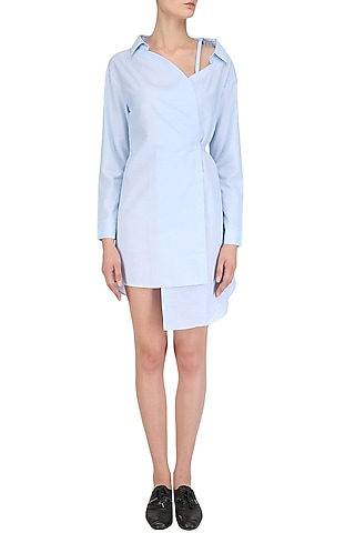 Blue One Shoulder Wrap Shirt Dress by Ankita