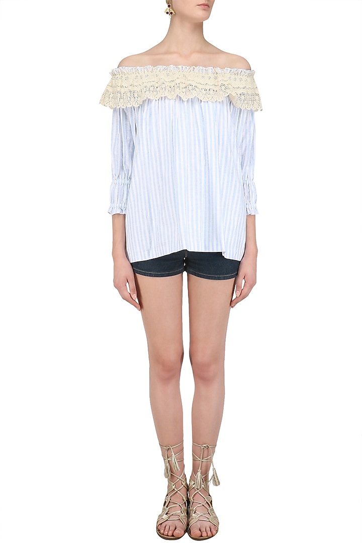 Blue lace trim off shoulder top available only at Pernia's Pop Up Shop.