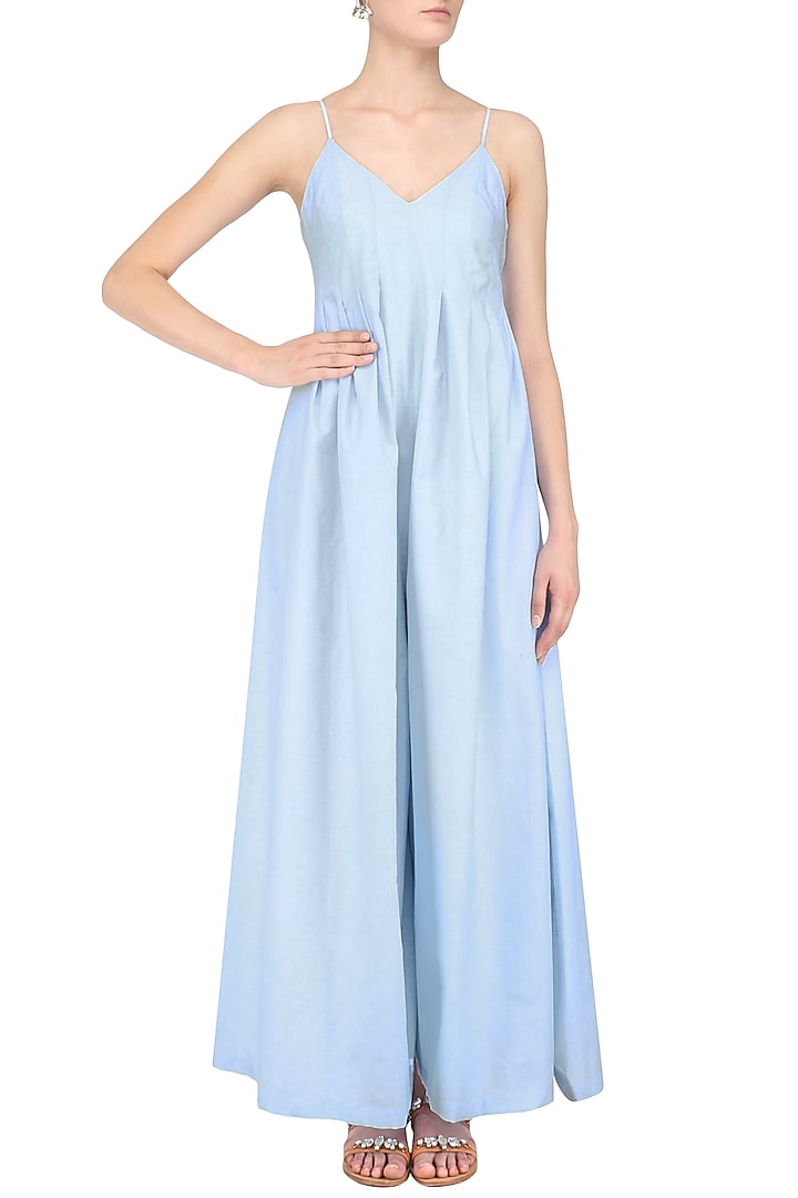 Blue pleated panelled jumpsuit available only at Pernia's Pop Up Shop.