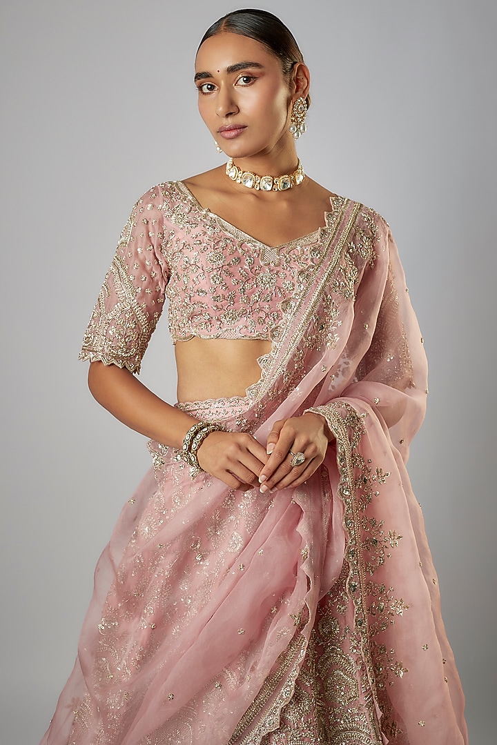 Pink Organza Zardosi Embroidered Bridal Lehenga Set by Anushree Reddy at Pernia's Pop Up Shop