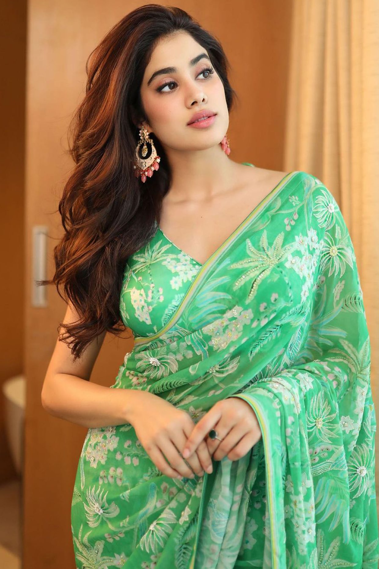 Sage Green Designer Chiffon Saree with Dori & Sequins work – Ethnos