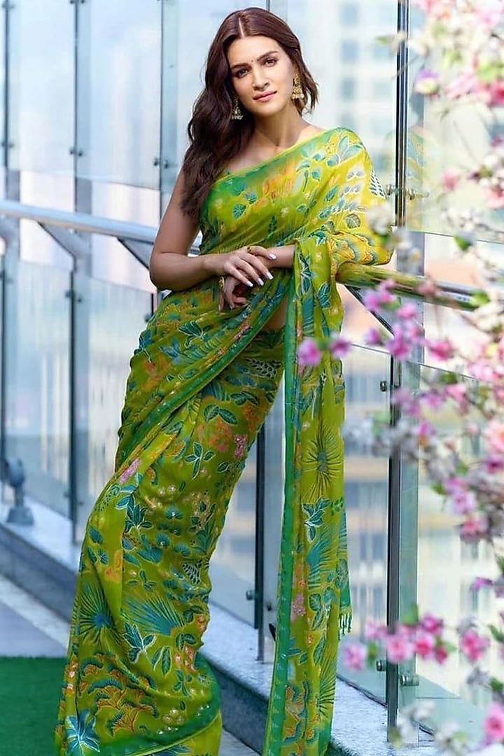 Lime Yellow Printed & Embroidered Saree Set by Anita Dongre