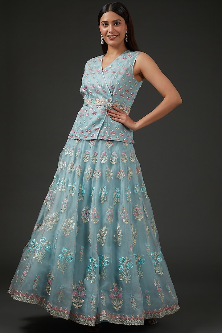 Powder Blue Pure Silk & Pure Viscose Embroidered Skirt Set by Anita Dongre