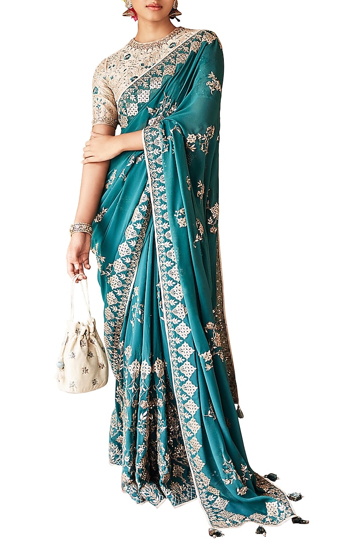 Dark Green Embroidered Saree with Unstitched Blouse by Anita Dongre
