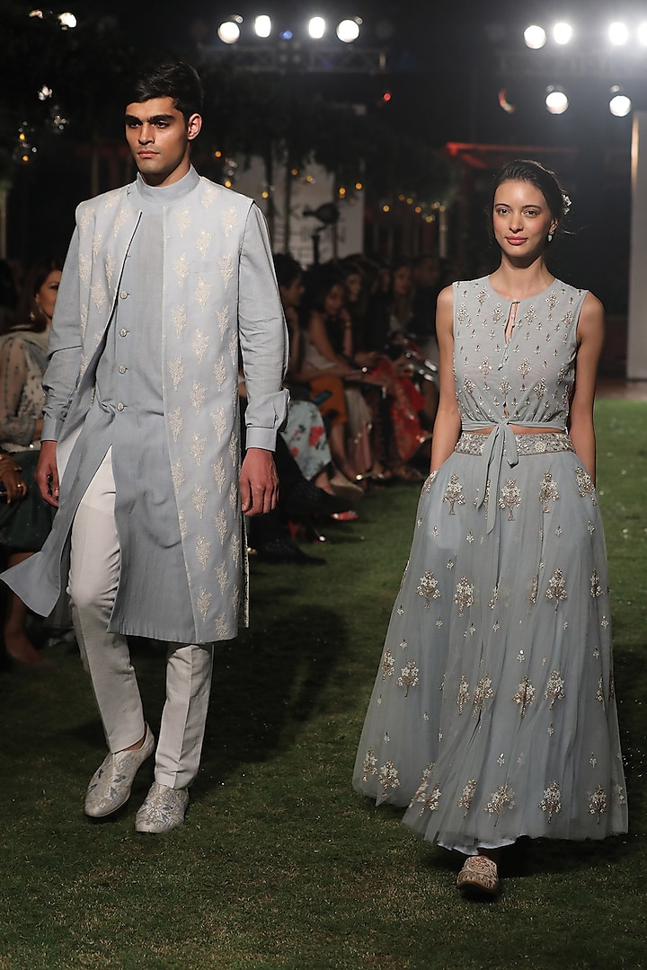 Blue Kurta with Printed Bandi and Trousers Set by Anita Dongre