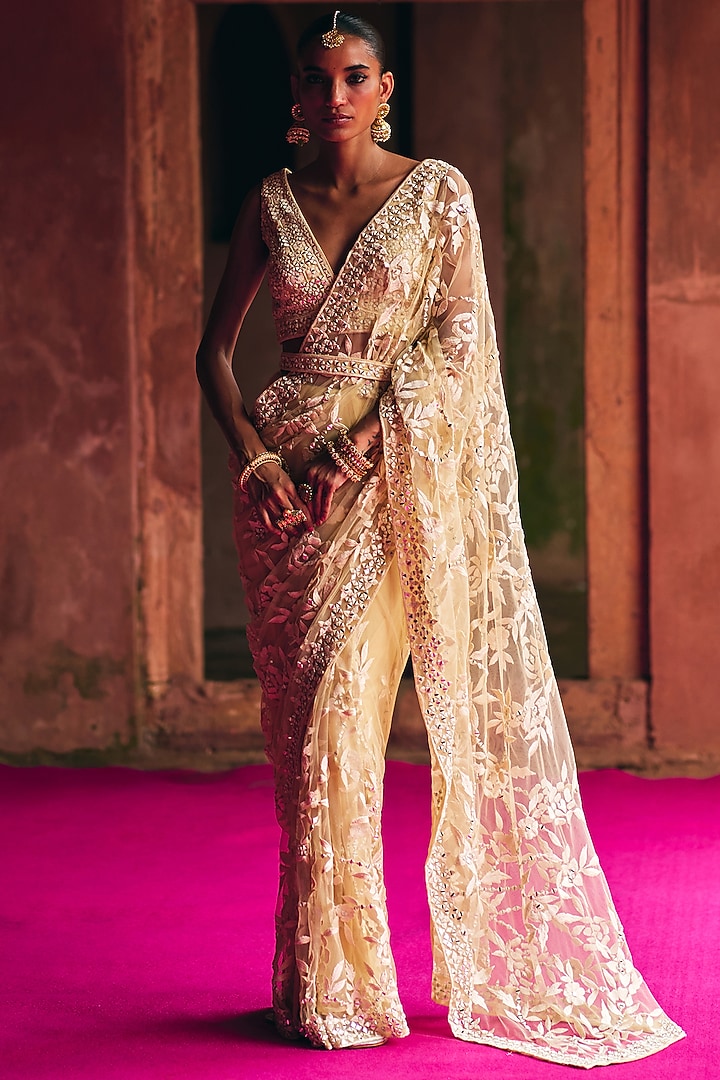 Beige Net Wedding Saree Set by Angad Singh at Pernia's Pop Up Shop
