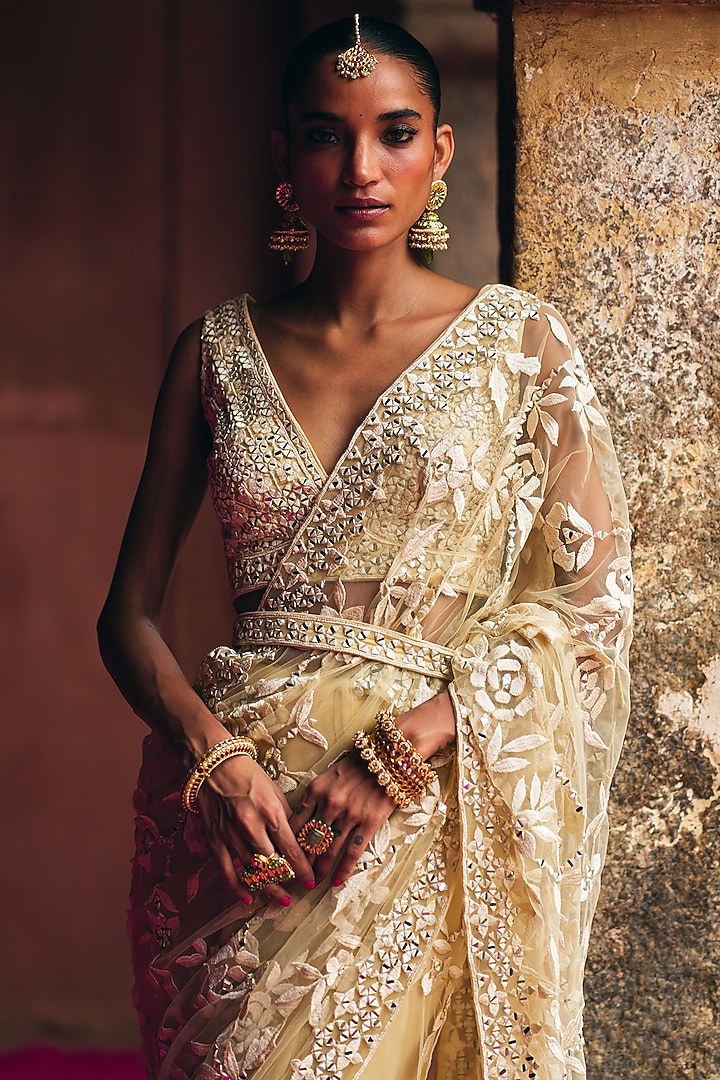 Beige Net Wedding Saree Set by Angad Singh at Pernia's Pop Up Shop