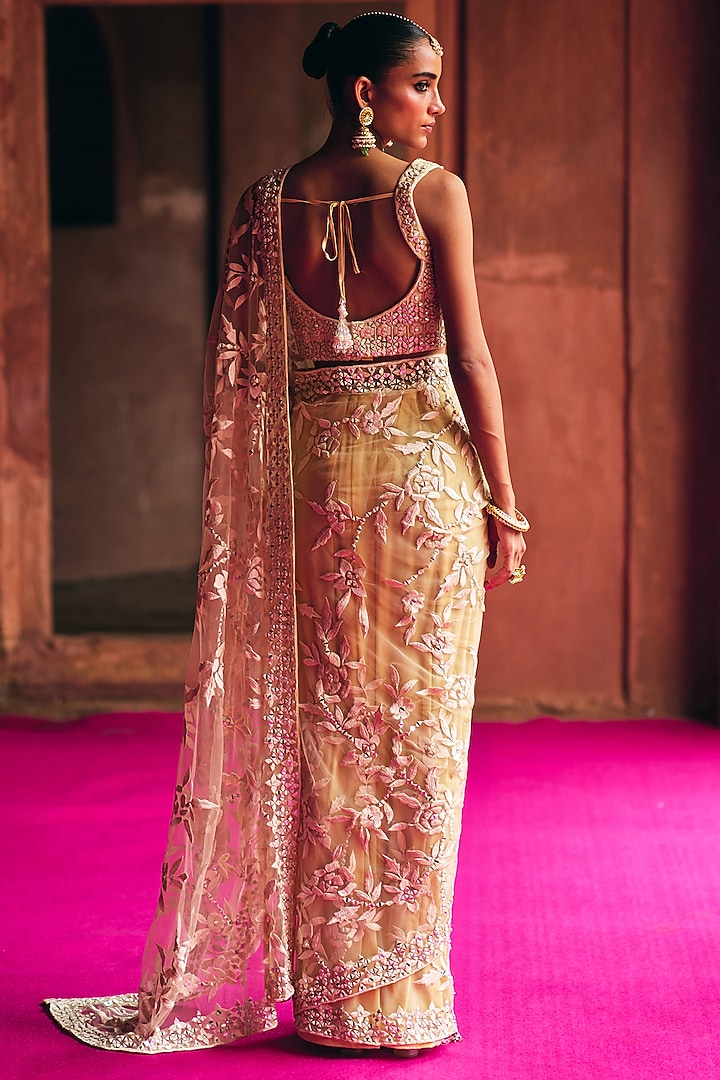 Beige Net Wedding Saree Set by Angad Singh at Pernia's Pop Up Shop