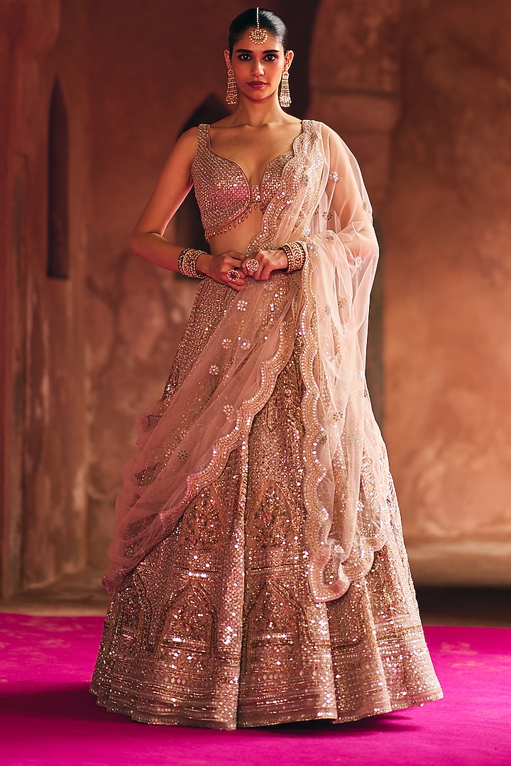 Peach Organza Bridal Lehenga Set by Angad Singh at Pernia's Pop Up Shop