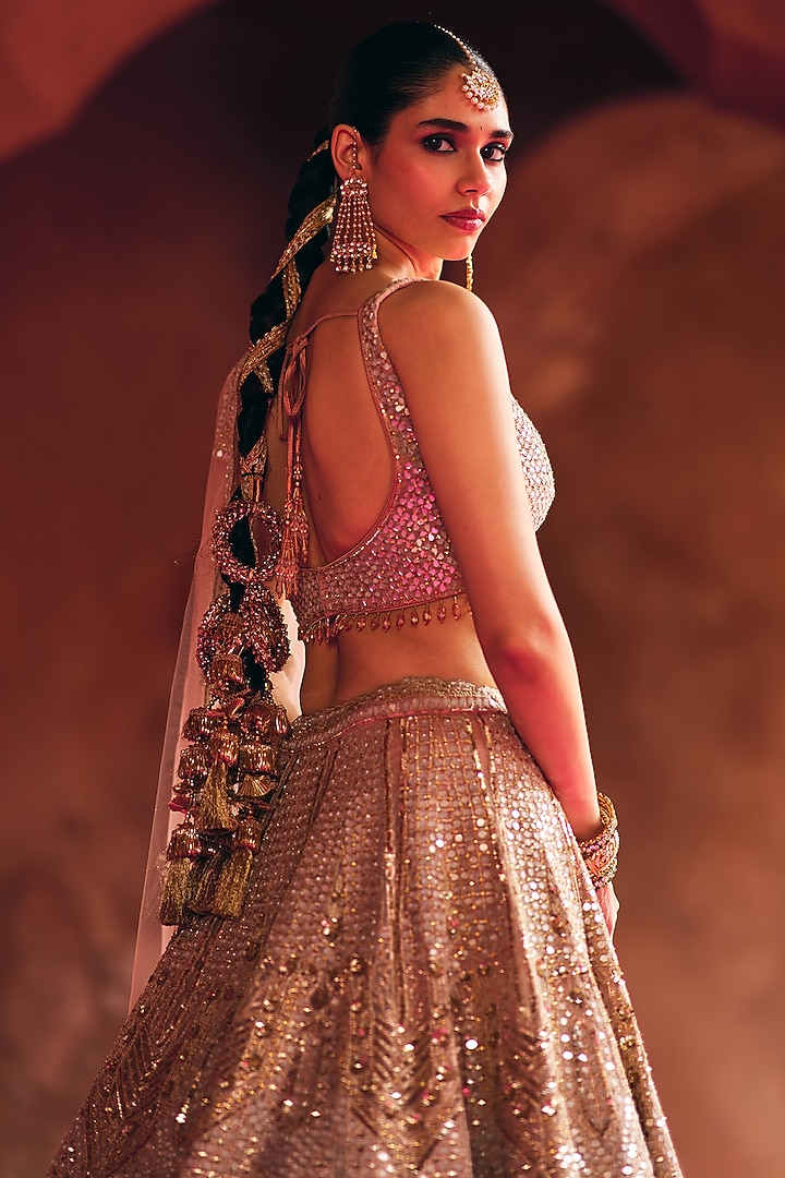 Peach Organza Bridal Lehenga Set by Angad Singh at Pernia's Pop Up Shop