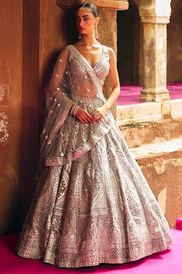 Grey Organza Bridal Lehenga Set by Angad Singh at Pernia's Pop Up Shop