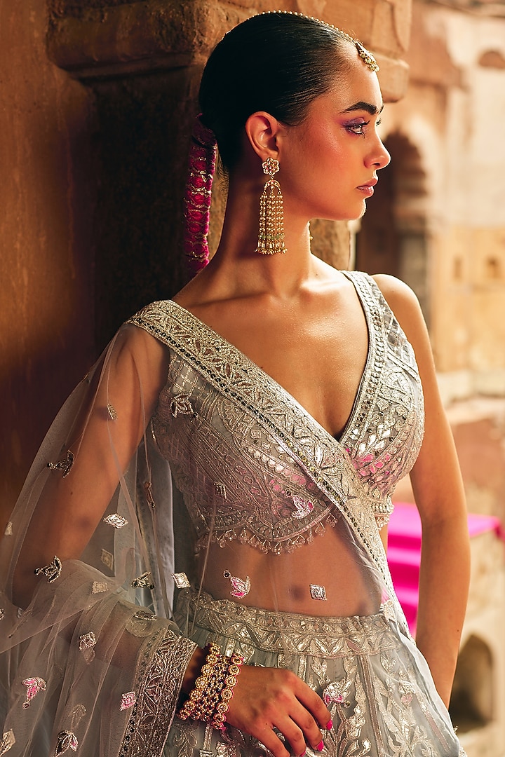 Grey Organza Bridal Lehenga Set by Angad Singh at Pernia's Pop Up Shop