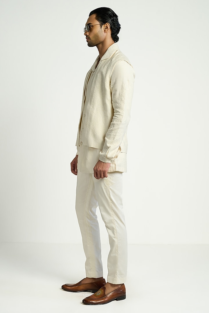 Ivory Silk Blend Embroidered Waistcoat by Antar Agni Men at Pernia's Pop Up Shop