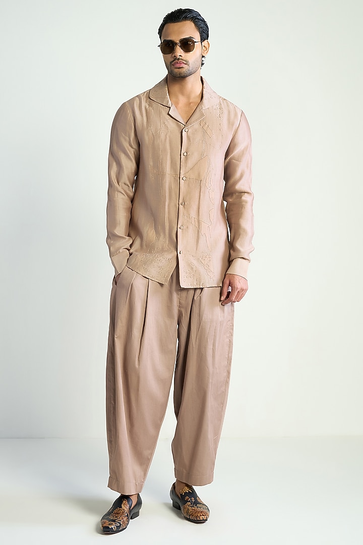 Rose Taupe Cotton Silk Embroidered Wedding Shirt by Antar Agni Men at Pernia's Pop Up Shop