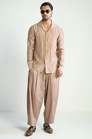 Rose Taupe Cotton Silk Embroidered Shirt by Antar Agni Men