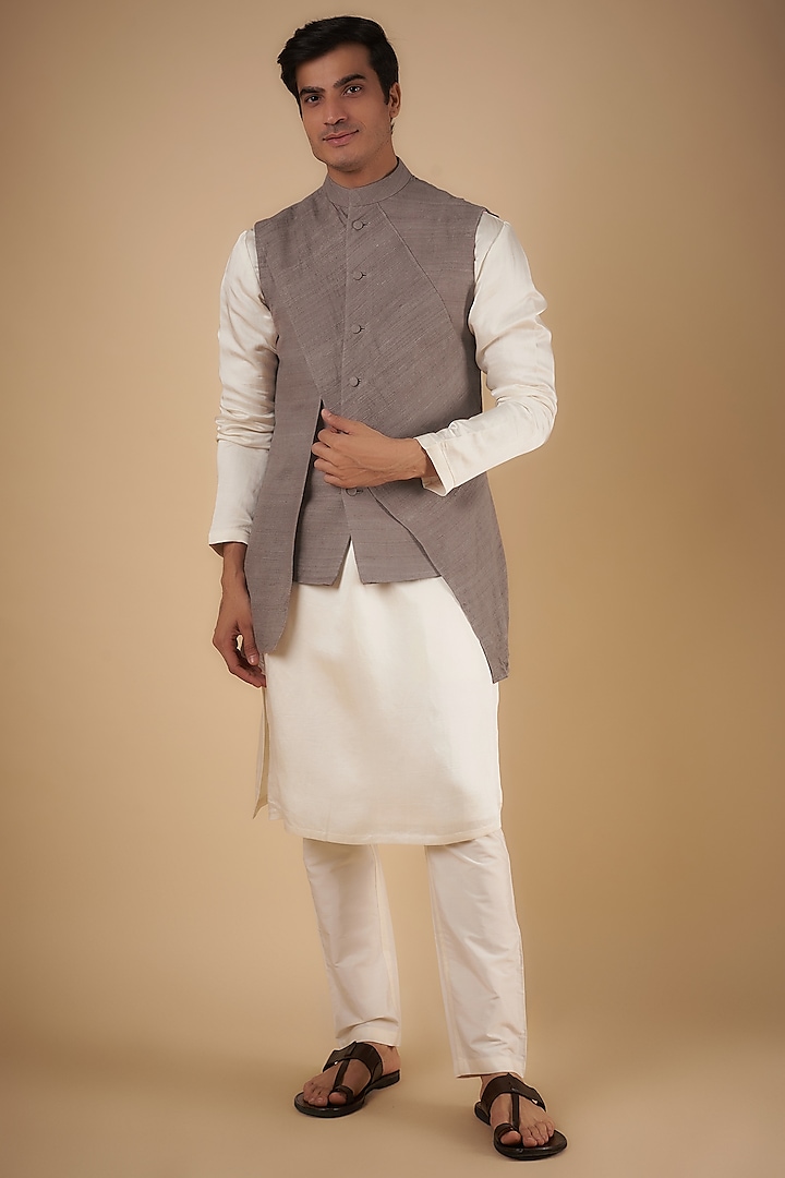 Smoke Handwoven Cotton Asymmetric Indowestern Jacket by Antar Agni Men