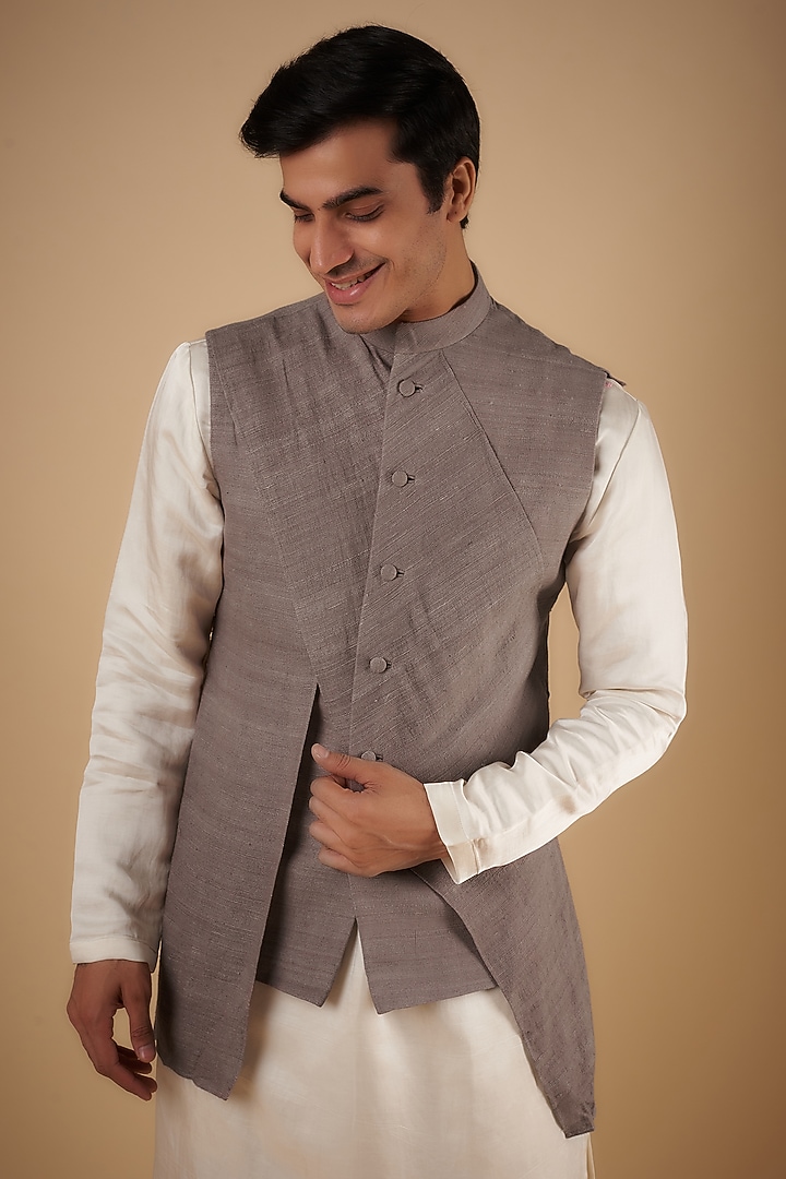 Smoke Handwoven Cotton Asymmetric Wedding Indowestern Jacket by Antar Agni Men at Pernia's Pop Up Shop