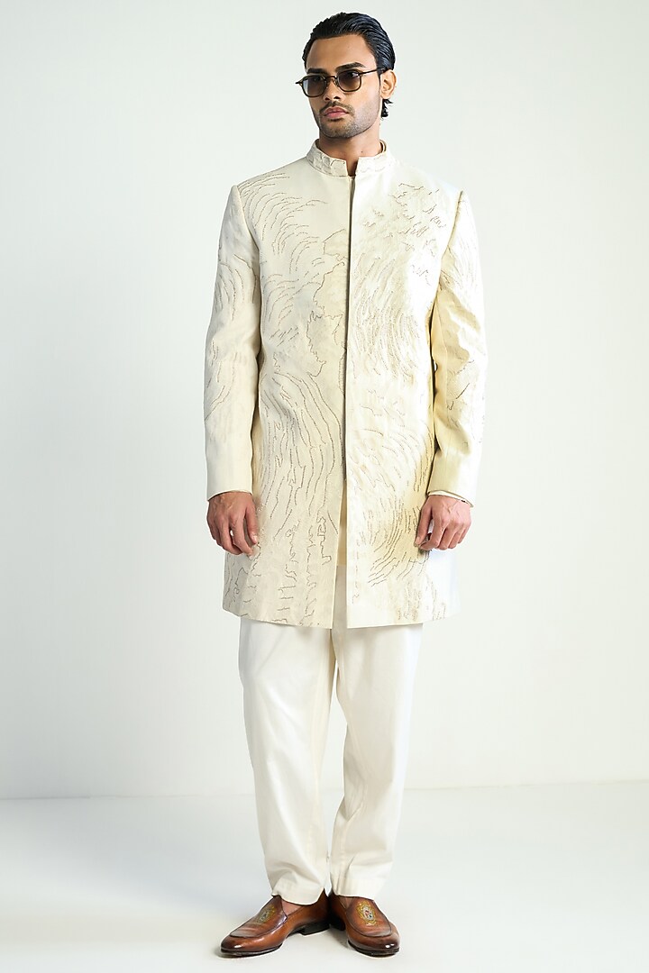 Ivory Cotton Silk Satin Embroidered Groom Indowestern Jacket by Antar Agni Men at Pernia's Pop Up Shop
