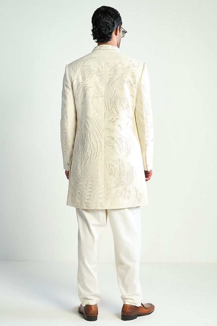 Ivory Cotton Silk Satin Embroidered Groom Indowestern Jacket by Antar Agni Men at Pernia's Pop Up Shop