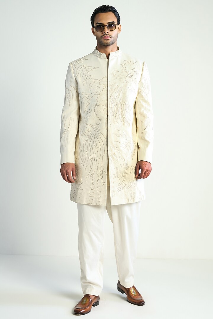 Ivory Cotton Silk Satin Embroidered Groom Indowestern Jacket by Antar Agni Men at Pernia's Pop Up Shop