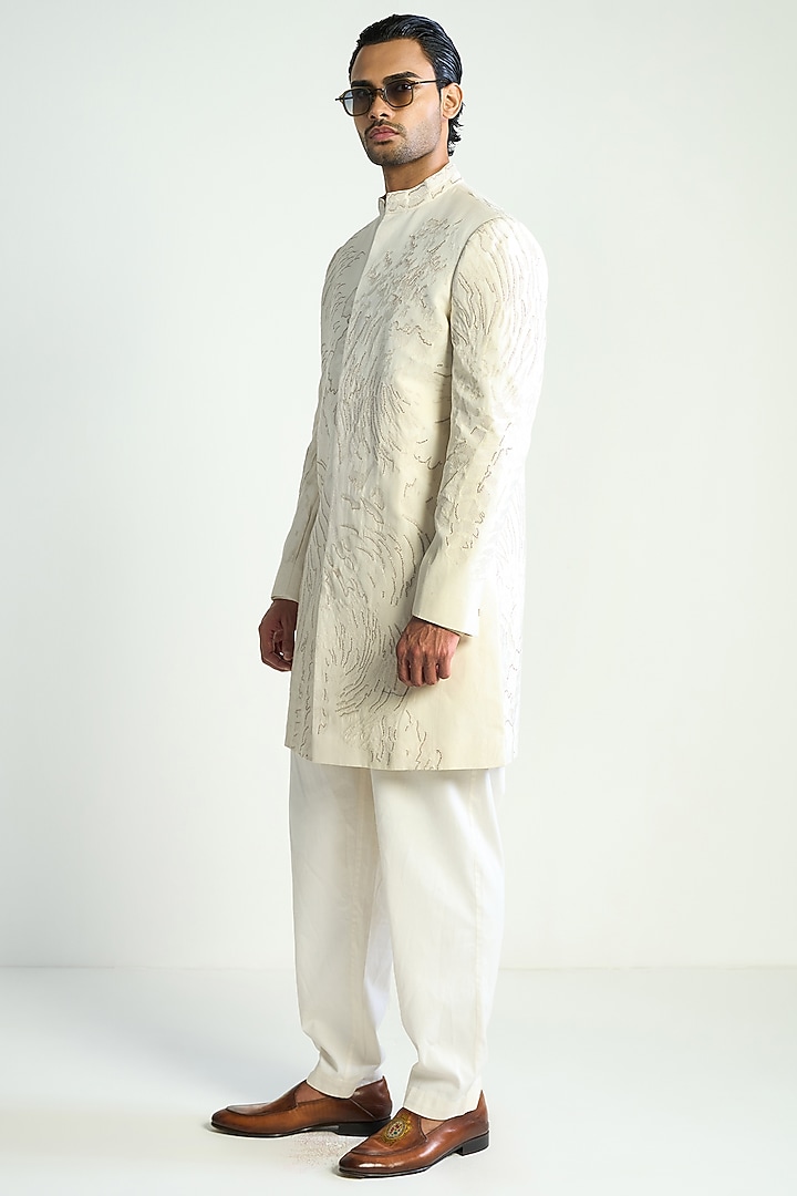Ivory Cotton Silk Satin Embroidered Groom Indowestern Jacket by Antar Agni Men at Pernia's Pop Up Shop