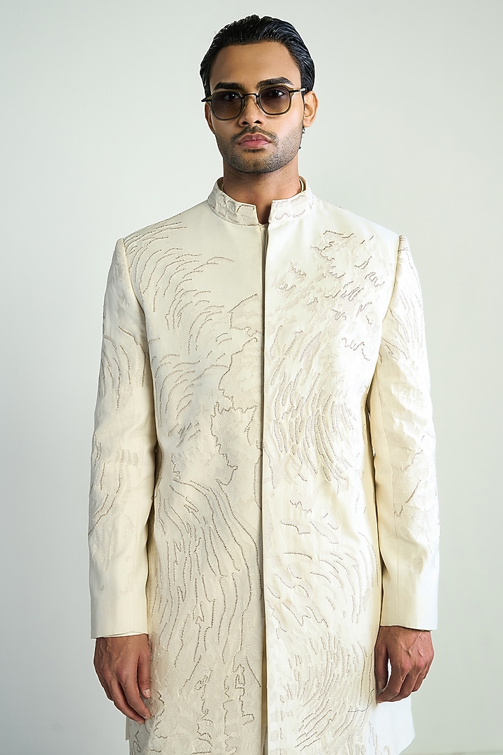 Ivory Cotton Silk Satin Embroidered Groom Indowestern Jacket by Antar Agni Men at Pernia's Pop Up Shop