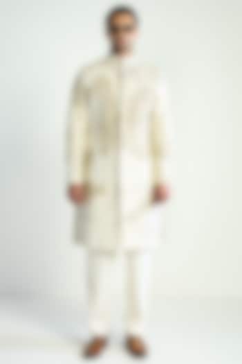 Ivory Cotton Silk Satin Embroidered Groom Indowestern Jacket by Antar Agni Men at Pernia's Pop Up Shop