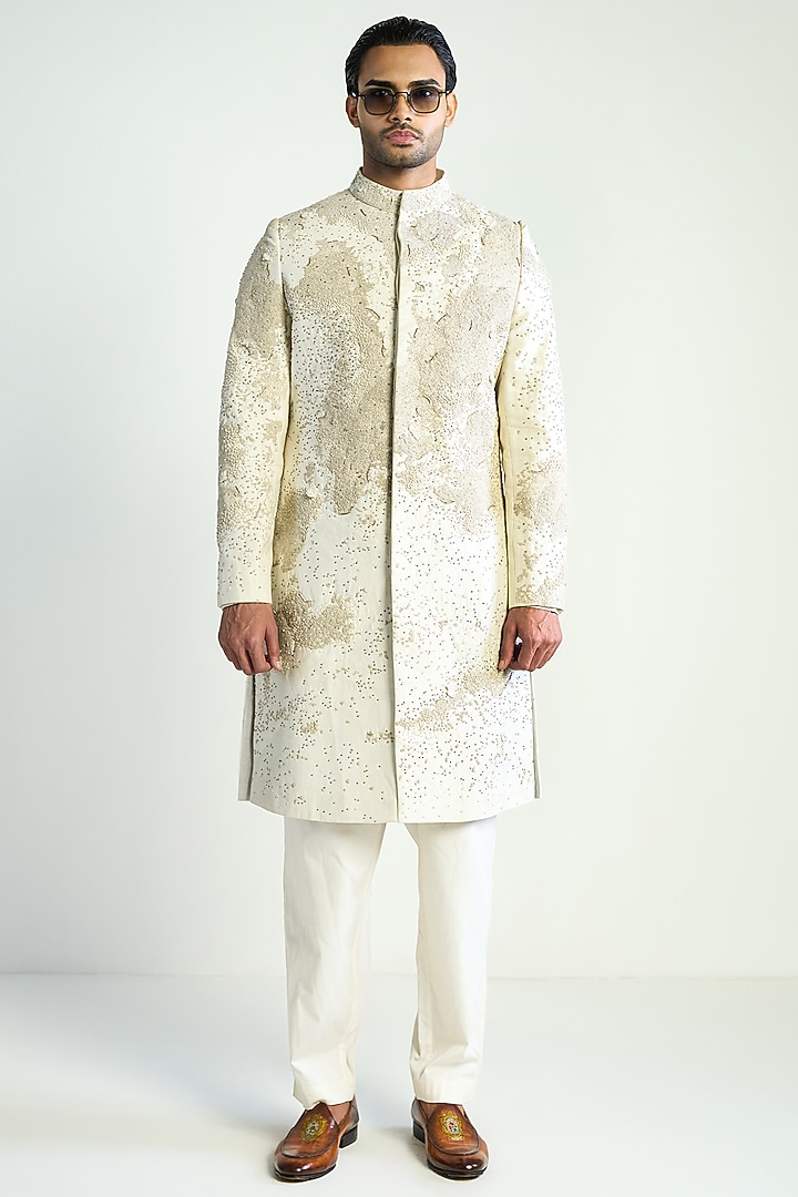 Ivory Cotton Silk Satin Embroidered Groom Indowestern Jacket by Antar Agni Men at Pernia's Pop Up Shop