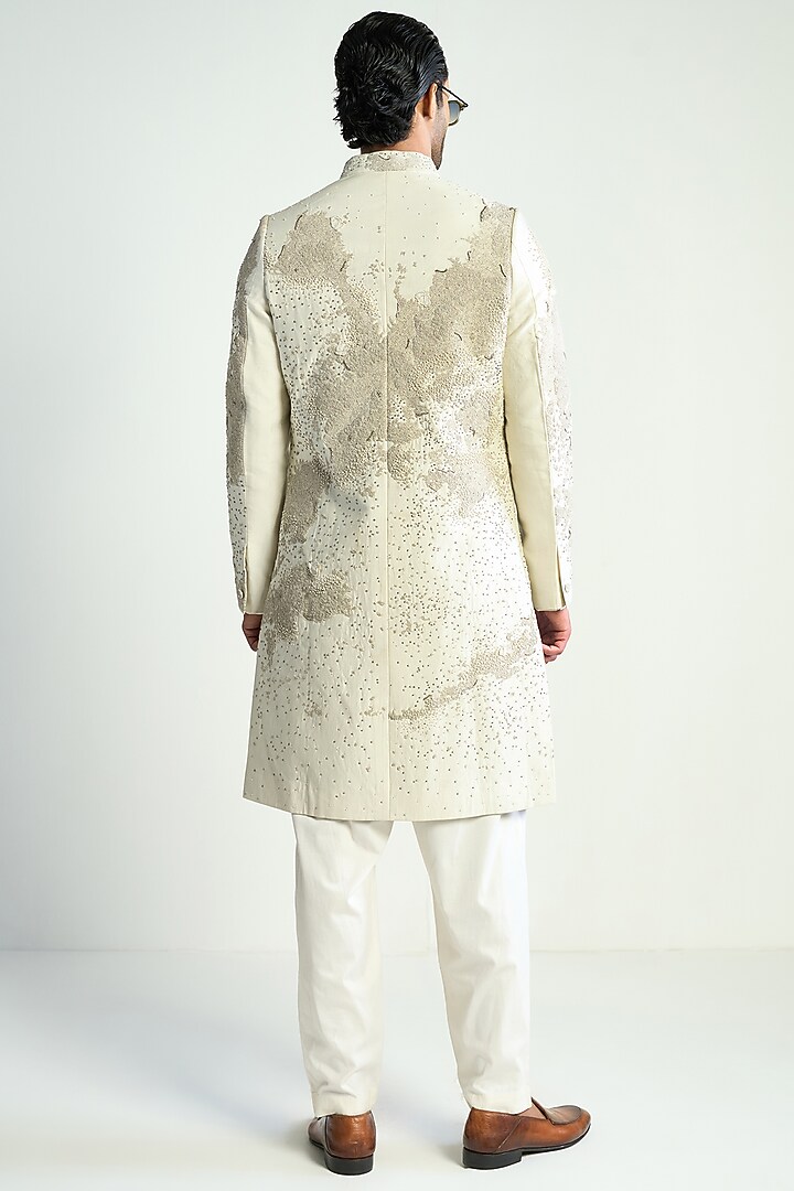 Ivory Cotton Silk Satin Embroidered Groom Indowestern Jacket by Antar Agni Men at Pernia's Pop Up Shop