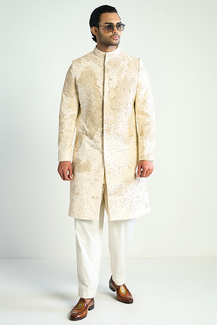 Ivory Cotton Silk Satin Embroidered Groom Indowestern Jacket by Antar Agni Men at Pernia's Pop Up Shop