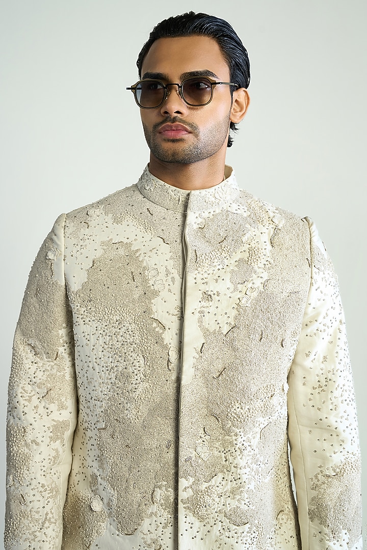 Ivory Cotton Silk Satin Embroidered Groom Indowestern Jacket by Antar Agni Men at Pernia's Pop Up Shop