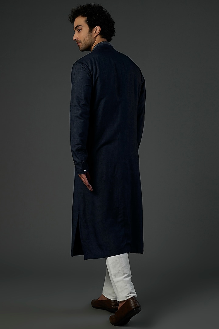 Navy Silk Blend Long Kurta by Antar Agni Men at Pernia's Pop Up Shop