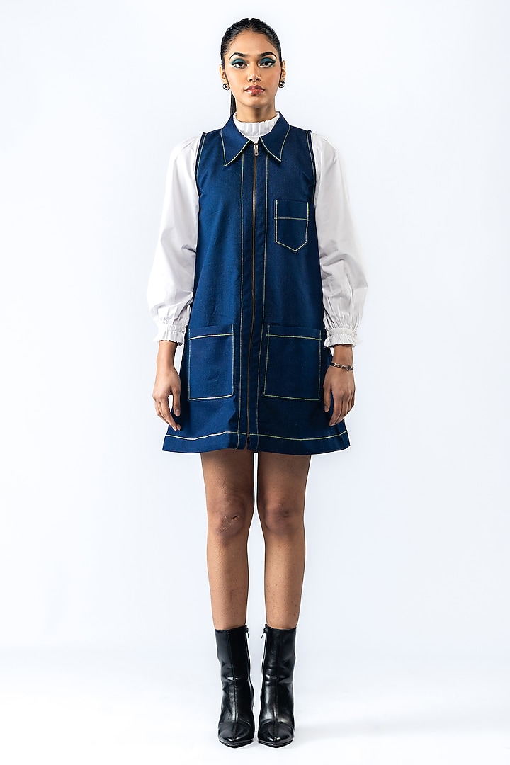 Navy Blue Denim A-Line Mini Summer Dress with White Cotton Shirt by ANGSA BY NIDHIR & SHELLY at Pernia's Pop Up Shop