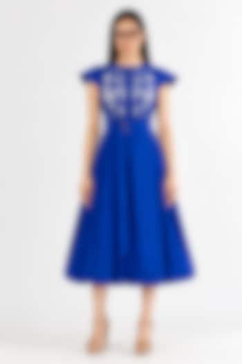 Royal Blue Cotton Hand Embroidered Midi Balloon Vacation Dress by ANGSA BY NIDHIR & SHELLY at Pernia's Pop Up Shop